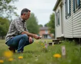 Un homme vérifie les repères au sol lors de l'installation d'un mobil home.