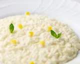 Un cremoso risotto al limone, guarnito con cubetti di limone e foglie di menta fresca, pronto per essere gustato.