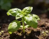Un jeune plant de basilic pousse dans la terre. C'est le moment idéal pour savoir où planter le basilic pour qu'il prospère.