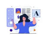 Kreatywna kobieta wybiera ładna czcionka alfabetu na ekranie edytora graficznego.