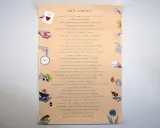 Pieśń słoneczna św. Franciszka z Asyżu. Ręcznie pisany tekst z ilustracjami: dłonie trzymające słońce, zegar, wodę, ogień, ziemię, motyla.