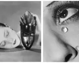 Man Ray, maestro del surrealismo, cattura un volto addormentato accanto a una maschera e gocce d'acqua sull'occhio, evocando mistero.
