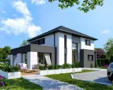 Maison moderne blanche et grise avec terrasse, jardin et allée. Le prix de construction de cette maison est un investissement pour un style de vie contemporain.