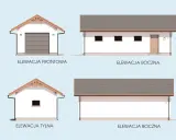 Projekt garażu drewnianego: elewacje frontowa, tylna i dwie boczne z drzwiami i oknami.