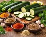 Courgettes coupées et épices variées : curcuma, cumin, paprika, coriandre. Une invitation à découvrir quelle épice avec courgette sublimera votre plat.