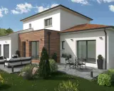 Une maison à étage moderne avec garage, terrasse aménagée et jardin verdoyant.