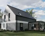 Nowoczesny dom z tarasem i pergolą, idealny do wystąpienia o warunki zabudowy.