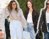 Four women showcase dressy casual looks: a white suit, a silk blouse with white pants, a cardigan with patterned jeans, and a blazer with a white top and jeans.