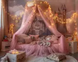 Lit de princesse féerique avec baldaquin rose, guirlandes lumineuses et château en arrière-plan. Une belle idée déco lit cabane pour un rêve enchanté.