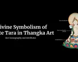 En detaljerad thangka-målning av White Tara, med förklaringar av hennes ikonografi och symbolik, inklusive lotusblomman och hennes mudras.