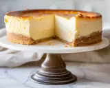 En krämig cheesecake med karamelliserad yta på ett marmorfat. Perfekt för ditt nästa cheesecake recept.
