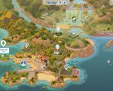 Mapa Tartosa w The Sims 4: malownicza wyspa z domami, plażami i wodospadami.