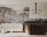 Nowoczesny salon z kuchnią, gdzie ściany zdobią **obrazy w sztukaterii** imitujące leśny krajobraz. Biała kanapa i drewniana wyspa kuchenna tworzą przytulną atmosferę.