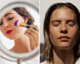 Ragazza si trucca con pennello viola e bianco, labbra rosse. Pelle luminosa e bagnata, un esempio di come truccarsi in estate.