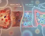 Illustrazione che mostra cos'è la disbiosi intestinale: un intestino con batteri dannosi (sinistra) e uno sano con batteri benefici (destra).