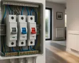 Boîtier électrique avec disjoncteurs, dont un pour le disjoncteur volet roulant, dans un intérieur moderne.
