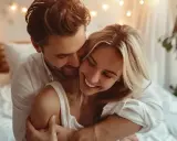 Para zbliża się do siebie w łóżku, otoczona ciepłym światłem. Cytrulina przed seksem może wzmocnić intymność.