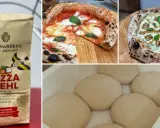 Pizzamehl von Gut Hardegg für perfekten Pizzaboden. Daneben zwei köstliche Pizzen und Teiglinge.