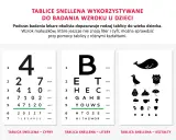 Tablica do badania wzroku z cyframi, literami i kształtami. Okulista dobiera odpowiednią tablicę do wieku dziecka.