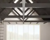 Idée peinture poutre plafond : poutres sombres contrastant avec un plafond blanc, créant un effet visuel saisissant.