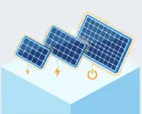 Trois panneaux solaires de tailles différentes sur un cube bleu, symbolisant l'énergie et les conditions STC.