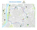 Mapa de la ZBE Valladolid: ruta delimitada, entradas/salidas y paneles informativos.