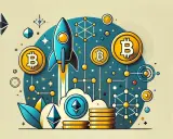 Rakieta startuje, symbolizując potencjał kryptowalut. Bitcoin i Ethereum unoszą się w tle, a sieć połączeń sugeruje, czym jest launchpad w świecie krypto.