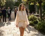 Mujer con vestido vaporoso camina en un jardín, inspirando estilos de boda bohemios y elegantes.