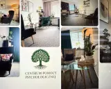 Kolaż zdjęć wnętrz gabinetów psychologicznych, z widocznymi fotelami, kanapami i roślinami.
