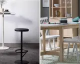 Två olika miljöer med stolar. Till vänster en vit och en svart barstol vid ett runt bord. Till höger vita pinnstolar vid ett träbord.