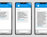 Drei Handys zeigen Nachrichten von "Unbekanntem Kontakt" über Paketlieferungen. Die Nachrichten sind Beispiele für Smishing-Phishing-Versuche, die Nutzer zum Klicken auf Links verleiten sollen.