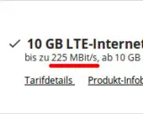 10 GB LTE-Internet-Flat mit bis zu 225 MBit/s. Die mb/s bedeutung hier ist Megabit pro Sekunde, eine Angabe zur Geschwindigkeit.