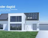Ett modernt hus med solceller på taket som genererar och lagrar el. Grön energi för ett hållbart hem.