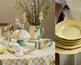 Härlig påskdukning inspiration med gula och gröna detaljer. En dukning med påskägg, kaniner och videkissar.