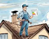 Schornsteinfeger auf dem Dach hält Energieausweis. Er erklärt, was kostet ein energieausweis vom schornsteinfeger.
