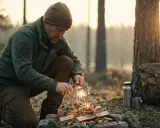 Mężczyzna w lesie, jak preppers, roznieca ogień krzesiwem. Obok plecak i termos.