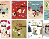 Książki z Pucio: "Pucio umie opowiadać", "Pucio na wakacjach", "Pucio mówi pierwsze słowa", "Pucio zostaje kucharzem", "Pucio w mieście", "Pucio uczy się mówić", "Pucio i ćwiczenia z mówienia" oraz maskotka Pucio.