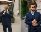 Two men in sharp navy suits, ready for a cocktail attire event. One adjusts his tie, the other sports sunglasses.