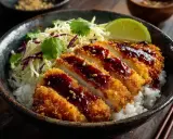 Krispig chicken katsu med ris, kålsallad och en mörk sås. En limeklyfta toppar rätten.