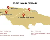 Mapa pokazuje, gdzie leży Jamajka, z trasą 5-dniową obejmującą Montego Bay, Negril i Ocho Rios.
