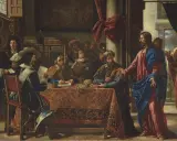 Jezus wita się z celnikami, jak opisano w Mt 9. Scena rozgrywa się w bogato zdobionym wnętrzu, gdzie Jezus w różowej i niebieskiej szacie rozmawia z mężczyznami przy stole.