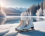 Vita skridskor står redo på snön vid en isbelagd sjö, omgivna av snöklädda träd och berg. Perfekt för att åka skridskor i vacker vintermiljö.