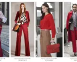 Eleganckie stylizacje w odcieniach czerwieni i **kolor wiśniowy**. Kobiety prezentują modne garnitury, sukienki i płaszcze, podkreślając swój styl.