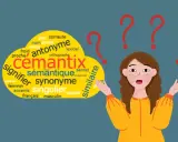 Une jeune femme perplexe face à un nuage de mots sur la sémantique, les synonymes et les antonymes.