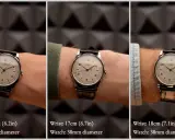 Tre polsi di diverse dimensioni (15.75, 17, 18 cm) con lo stesso orologio da 38mm. Utile per capire come si misura la cassa di un orologio.