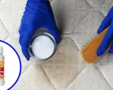 Manos enguantadas aplican percarbonato de sodio con cepillo a un colchón manchado. El perborato para que sirve: limpieza profunda.