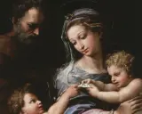 La Vierge à l'Enfant de Raphaël, avec Saint Joseph en arrière-plan. La Vierge lit un texte à l'Enfant Jésus.