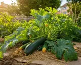 Courgettes vertes mûres sur un lit de paille, avec des fleurs jaunes et des feuilles luxuriantes. La courgette en pot est prête à être récoltée.