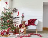 Un sapin décoré, des cadeaux et un fauteuil rouge invitent à faire des décorations de Noël. Un panneau "Pôle Nord" indique la direction.