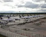 Wiele samolotów Ryanair na płycie lotniska, gotowych do lotów Gdańsk-Newcastle.